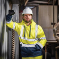 Scruffs High Visibility Mens Hi-Viz Work Pull Over Hoodie, a man wearing a bright yellow high visibility hoodie with reflective stripes and a white safety helmet in an industrial setting.