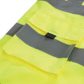 Scruffs High Visibility Mens Hi-Viz Technical Zip Up Vest, close-up of the bright yellow high-visibility safety vest with reflective grey bands and a zippered pocket.