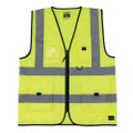 Scruffs High Visibility Mens Hi-Viz Technical Zip Up Vest, bright yellow vest with reflective gray stripes, multiple pockets, and black trim.
