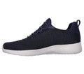 Skechers Dynamight Mens Slip On Comfort Memory Foam Trainers, navy blue knitted fabric athletic shoe with White cushioned sole and pull tab at heel.