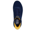 Skechers Bobs Squad Chaos Solid Step Mens Slip-Ins Casual Trainers, navy blue sneaker with yellow interior and sporty mesh design.