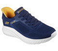 Skechers Bobs Squad Chaos Solid Step Mens Slip-Ins Casual Trainers, navy blue athletic sneaker with yellow accents and a white sole.