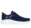 Skechers Bobs Squad Chaos Solid Step Mens Slip-Ins Casual Trainers, navy blue athletic shoe with yellow accents and white sole.
