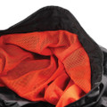 Scruffs Tech Mens Zip Up Work Warm Hooded Jacket Coat, black exterior with bright orange breathable mesh lining inside.