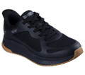 Skechers Bobs Squad 4 Chaos Mens Slip-Ins Casual Trainers, black athletic shoe with synthetic and mesh upper, sporty design, cushioned sole, and tan rubber outsole.