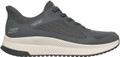 Skechers Bobs Squad 4 Chaos Mens Slip-Ins Casual Trainers, grey athletic slip-on sneakers with breathable mesh fabric and cushioned white sole.