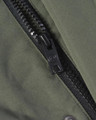 Lambretta Mens Utility Hooded Quilted Classic Badged Parka, close-up of the black zipper with a textured green fabric exterior.