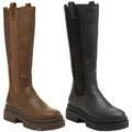 Rocket Dog Drea Womens Tall Knee High Full Zip Up Wedge Boots, pair of stylish knee-high boots in brown and black with chunky soles and full zipper design.