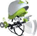 Delta Plus Delta-Plus Onyx 2 Double-Shell Visor Safety ABS PPE Helmet, disassembled view showing the helmet's double-shell structure, adjustable straps, and clear visor for safety.