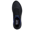 Skechers Bobs Squad 4 Direct Step Mens Slip-Ins Casual Trainers, top view of a black sneaker with blue and black interior details and perforated upper design.