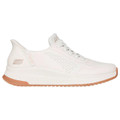 Skechers Bobs Squad 4 Key Lock Womens Slip Ins Trainers, white athletic shoes with perforated detailing and cable knit texture, featuring a slip-on design and cushioned gum rubber outsole.