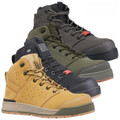 Hard Yakka 3056 Mens Side Zip Safety Composite Toe Ankle Boots, versatile work boots in yellow, black, and olive green with side zippers and safety features.