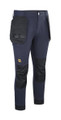 JCB 4-Way Stretch Holster Mens Cargo Work Trade Trousers - 31/33 Leg, viewed from the front showing navy blue work pants with black textured knee patches and a black holster attached to the right side.