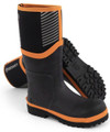 Beeswift BeeSwift Neo Force Mens S5S Composite Toe/Midsole Wellington, black rubber work boots with orange accents and slip-resistant soles.
