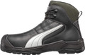 PUMA Safety PUMA Cascades Mid Mens S3 Composite Toe Midsole Work Boots, black and green work boots with white stripe, lace-up design, rugged rubber sole, safety toe cap, and durable leather and textile upper for safety and comfort.