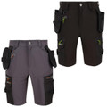 Regatta Infiltrate Mens Holster Multi-Pocket Work Shorts, image showing two pairs of men's work shorts with multiple utility pockets, zippers, and rugged design for professional and outdoor work environments.