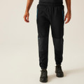 Regatta Jeopardize Mens Work Trade Comfort Joggers, black outdoor work joggers with blue zipper accents, elastic waistband, and reinforced knee panels for durability.