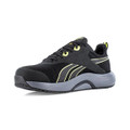 Reebok Lite Plus 4 Mens S1P Safety Composite Toe/Midsole Trainers, black athletic safety shoes with yellow accents and a sturdy cushioned sole.