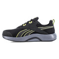 Reebok Lite Plus 4 Mens S1P Safety Composite Toe/Midsole Trainers, black athletic safety shoes with yellow accents and a grey sole, designed for workplace safety and comfort.