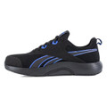 Reebok Lite Plus 4 Mens Safety S1P Composite Toe/Midsole Trainers, black sporty safety shoes with blue accents and breathable mesh upper.