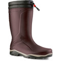 Dunlop Blizzard Faux Fur Mens/Womens Pull On Lined Rubber Tall Wellington Boots, image of a stylish maroon rubber rain boot with faux fur lining at the top, durable sole, and ergonomic design.