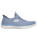 Skechers Summits Dream Chaser Womens Slip-Ins Sports Trainer, a light blue breathable mesh athletic slip-on sneaker with a white sole and lightweight design.