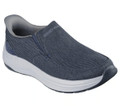 Skechers Decklan Gulliver Mens Slip-Ins Casual Trainers, a comfortable slip-on casual shoe in navy blue with a textured fabric upper and white sole.