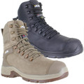 JCB Trencher Mens Composite Toe/Midsole MET-Guard Side-Zip Work Boots, pair of rugged safety work boots shown in black and tan color.