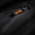 Scruffs Trade Softshell Mens Zip Up Work Warm Hooded Jacket Coat, close-up of the black jacket's zipper with a black and orange Scruffs logo tag.