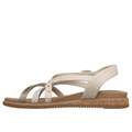 Skechers Desert Kiss Low Seaside Sling Womens Ankle Strap Sandals, with leather and fabric straps, cork sole, and beige color.