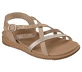 Skechers Desert Kiss Low Seaside Sling Womens Ankle Strap Sandals, gold-colored women's sandal featuring multiple straps and a comfortable flat sole for casual summer wear.
