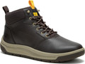 Caterpillar Apa Cush Mens Lace Up Casual Leather Boots, black leather ankle-high boots with brown laces and a beige sole.
