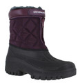 GroundWork Womens Muckers Mukker Stable Winter WaterProof Lined Snow Boots, close-up view of a waterproof and insulated winter snow boot with a purple quilted upper and a black rubber sole.