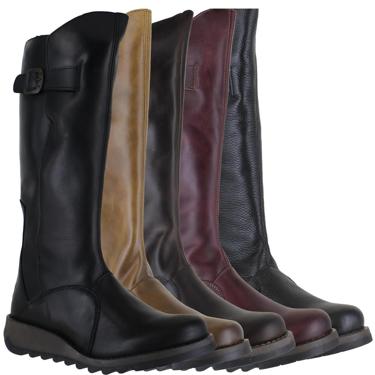 Fly London Mol 2 Womens Zip-Up Leather Wedged Knee High Leg Boots