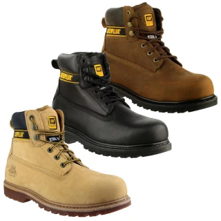 Caterpillar Holton Mens SB Safety Steel Toe Cap Lace Up Work Boots, set of three rugged safety boots in black, brown, and tan colors with steel toes and lace-up design.