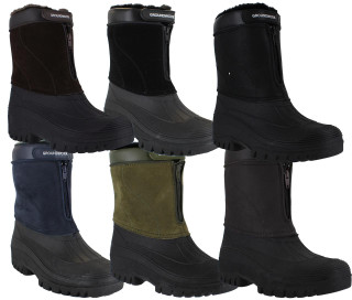 GroundWork LS88 Mens Mucker Stable Yard Waterproof Winter Snow Zip Boots Wellies, six pairs of men's waterproof winter snow boots in various colors including brown, black, navy, olive green, and dark brown, featuring zipper closure and rugged soles for durability and protection in winter conditions.
