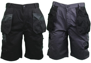 Himalayan Mens Multi-Pocket Work Trade Cargo Pockets Shorts, pair of black cargo shorts with multiple pockets and durable fabric for work and outdoor activities.