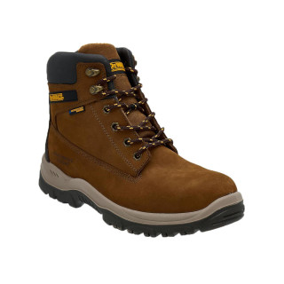 DeWalt Titanium Mens Leather S3 WR Safety Steel Toe Lace Up Boots, image of a sturdy brown leather work boot with black and yellow accents, featuring steel toes, waterproof design, and durable outsole.