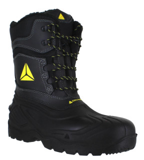 Delta Plus Delta-Plus Eskimo Mens Waterproof Tall Safety Composite Toe/Midsole Boots, durable black safety boots with yellow logo detailing, ankle support, waterproof construction, and slip-resistant sole suitable for industrial work environments.