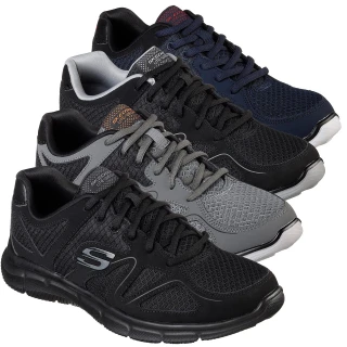 Skechers Verse-Flash Point Mens Sports Gym Walking Lace Up Trainers, black, grey, and navy blue athletic shoes with breathable mesh fabric and cushioned soles.