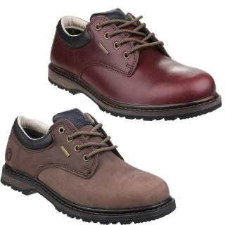Cotswold Stonesfield Mens Waterproof Leather Hiking Walking Shoes, pair of men's waterproof leather hiking shoes in burgundy and taupe colors with rugged soles and padded collars.
