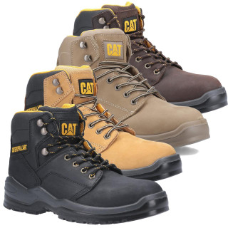 Caterpillar Striver Mens/Womens Safety Steel Toe/Midsole S3 Work Boots, set of four sturdy work boots in black, tan, beige, and brown colors with steel toe protection and slip-resistant soles.
