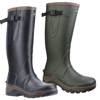 Cotswold Compass Mens/Womens Neoprene Stable Farm High Wellington Wellies, image shows a pair of tall, durable neoprene wellington boots in black and green colors with adjustable straps at the top.