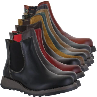 Fly London Salv Women's Wedge Heeled Chelsea Leather Ankle Boots, stylish leather ankle boots with wedged heels in various colors, featuring pull-on design with elastic side panels for easy wear.