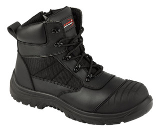 ARMA A16 Titan Mens S3 Steel Toe/Midsole Side Zip Safety Work Boots, black safety work boots with steel toe cap, reinforced midsole, side zipper for easy wear, rugged outsole, and padded collar for protection.