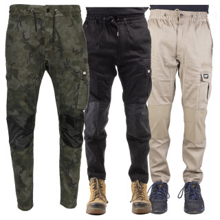 Caterpillar Dynamic Men Cargo Slim-Fit Stretch Work Trousers - 30/32, three pairs of men's cargo slim-fit stretch work trousers in camouflage, black, and beige colors, with multiple pockets and reinforced knee areas, worn with work boots.