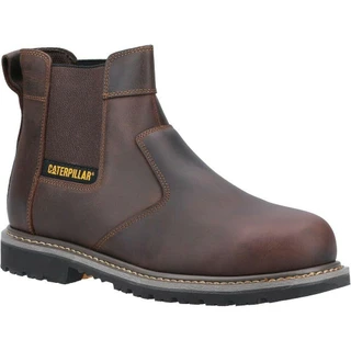 Caterpillar PowerPlant Dealer Mens Steel Toe SB Safety Pull On Boots, Men's brown leather work boots with steel toe and slip-on design for safety and durability.