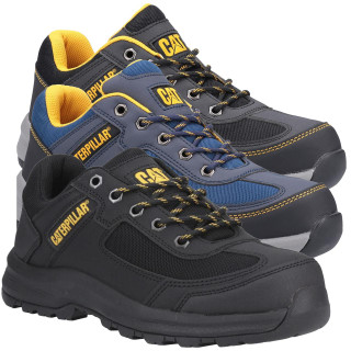 Caterpillar Elmore Mens Safety Steel Toe/Midsole S1P Work Trainers, three pairs of durable work shoes in black, blue, and dark grey with yellow accents, featuring reinforced steel toes and slip-resistant soles.