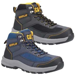 Caterpillar Elmore Mens Safety Hiker Steel Toe/Midsole Work Boots, pair of black and blue steel-toe work boots with durable leather and mesh construction, yellow accents, cushioned ankle support, and rugged slip-resistant soles suitable for construction and industrial work.