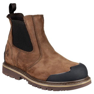 Amblers Safety Amblers FS225 Mens Dealer Pull On Steel Toe/Midsole S3 Work Boots, brown leather safety work boot with black elastic side panels and toe protection.